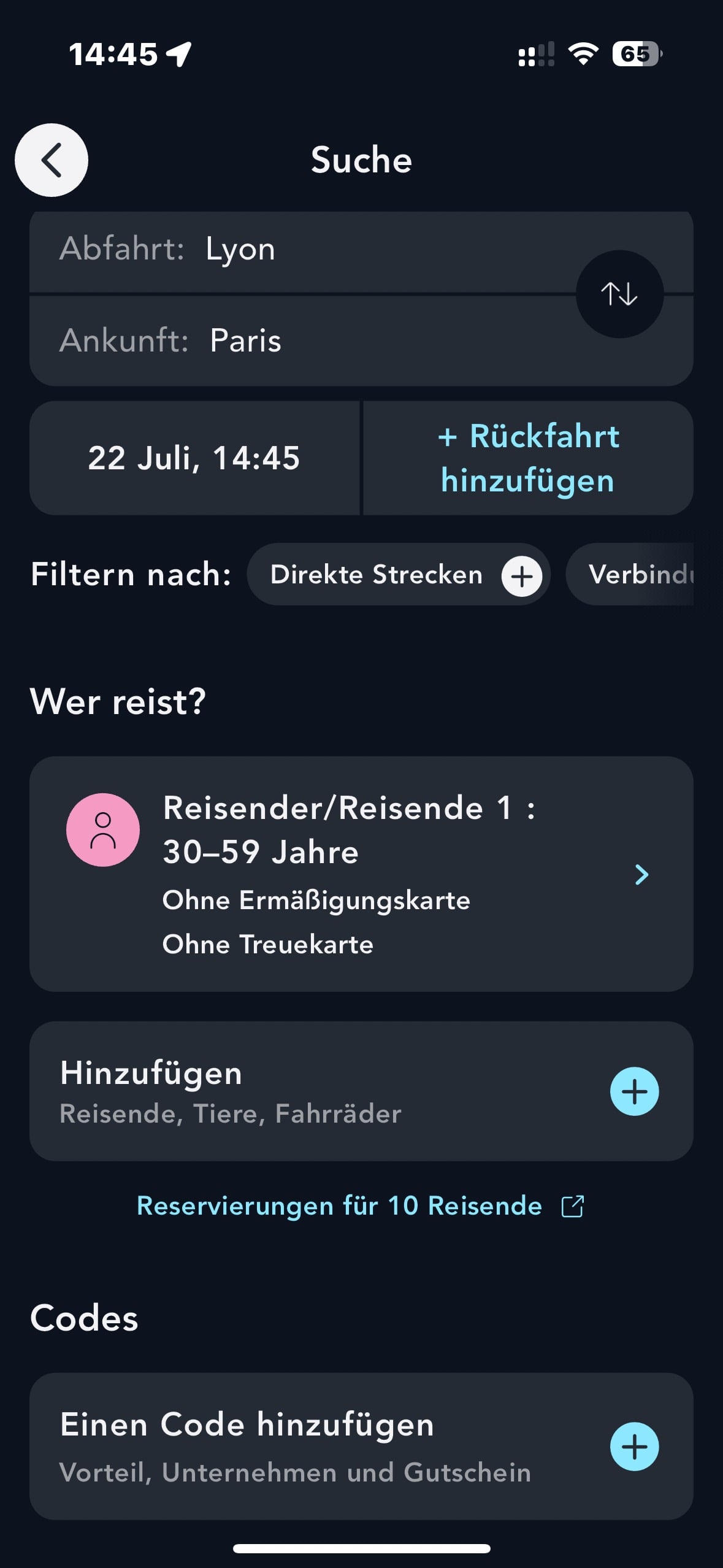 Bildschirm der Suchseite